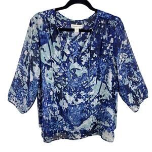 Coldwater Creek Blue Green Artsy 3/4 Sleeve Tasseled Layered Chiffon Blouse Sz L